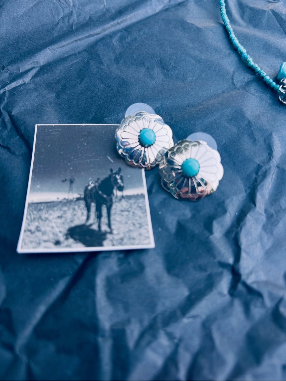 Silver Floral Concho Earrings with Turquoise Center - Women Accessories